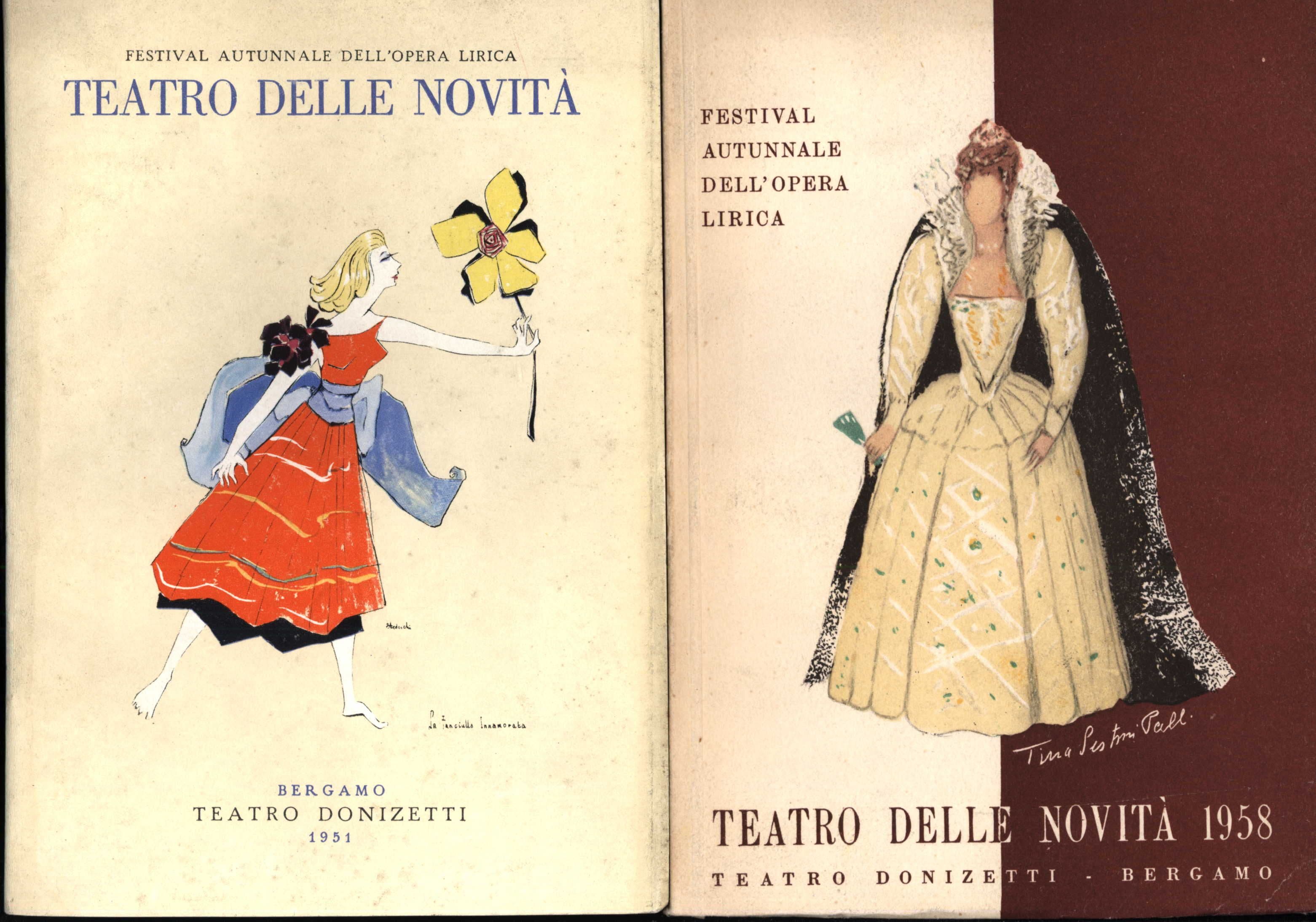 Copertine del Festival Autunnale dell’Opera Lirica “Teatro delle Novità” al Teatro Donizetti di Bergamo, edizioni 1951 e 1958, con illustrazioni di figure femminili in costume teatrale.